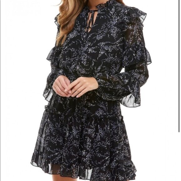 TCEC Dress Ruffle Tiered Black Floral Medium Romantic Fall Weddings Date Night - Picture 4 of 9